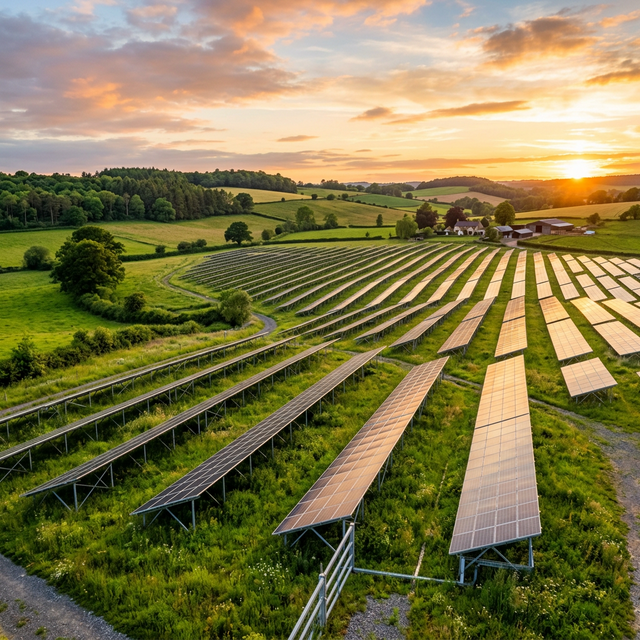 Ground-mounted solar panel array in open field