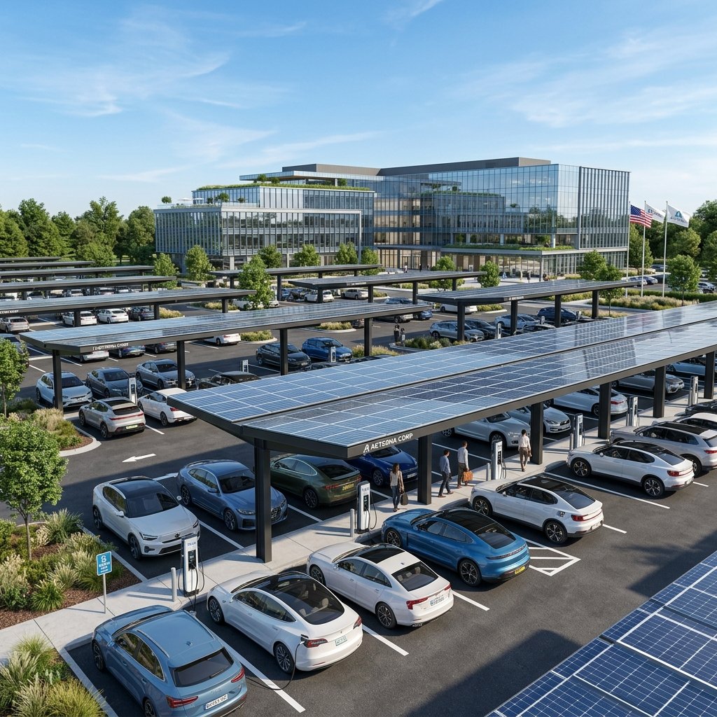 Modern corporate parking lot shaded by sleek solar carports