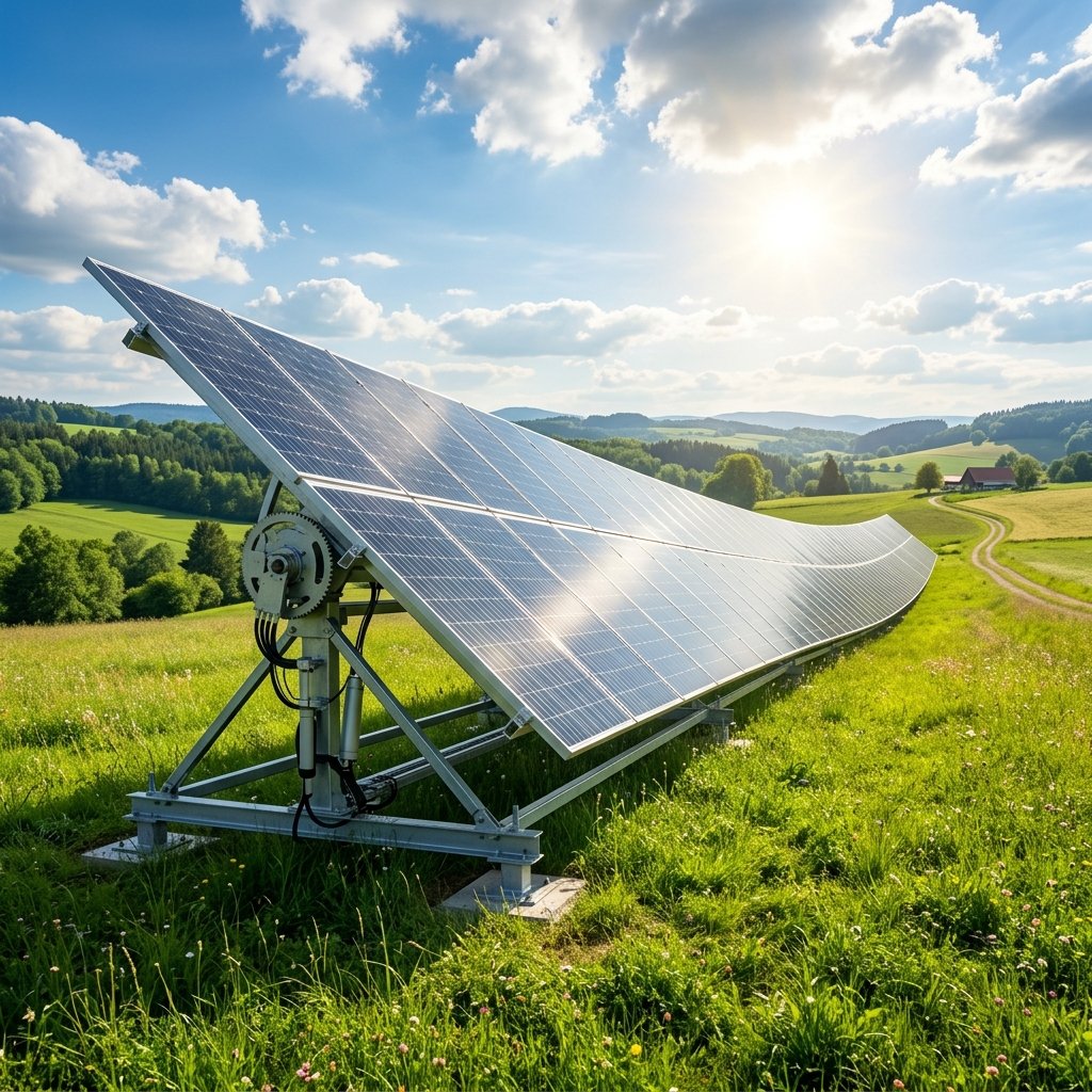 Ground-mounted solar tracker rack in a green field